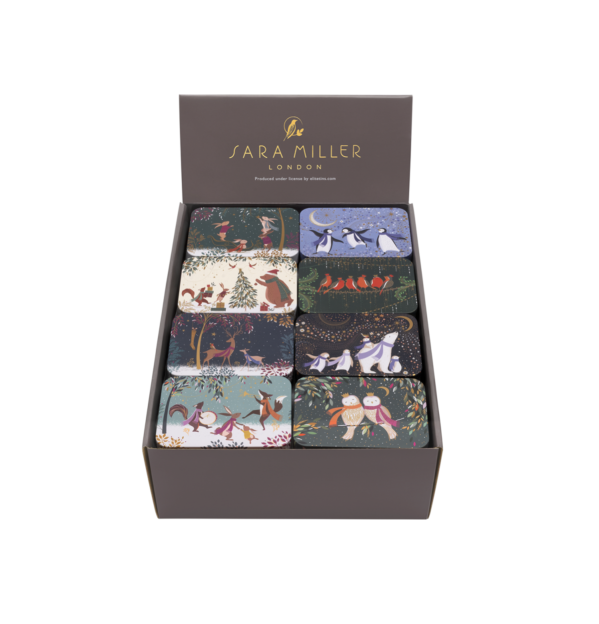 Sara Miller Christmas slip lid pocket tins 8 designs